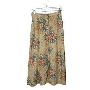 Vintage American Collection Floral Rayon Midi Skirt Tan Tropical Button Front